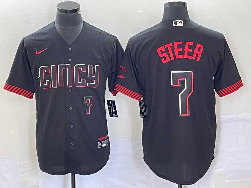 Mens Cincinnati Reds #7 Spencer Steer Numer Black 2023 City Connect Cool Base Stitched Baseball Jersey 1->cincinnati reds->MLB Jersey